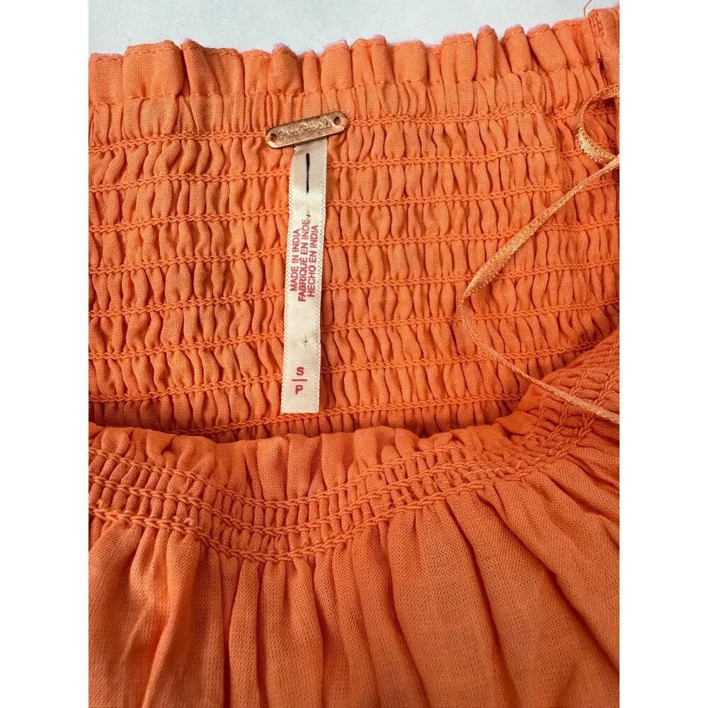 Free People Annalise Mini Dress Bubble Hem Smocked Strapless Peach Pink Coastal